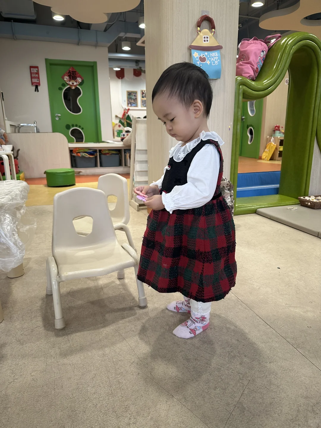 familiar小熊红格子连衣裙