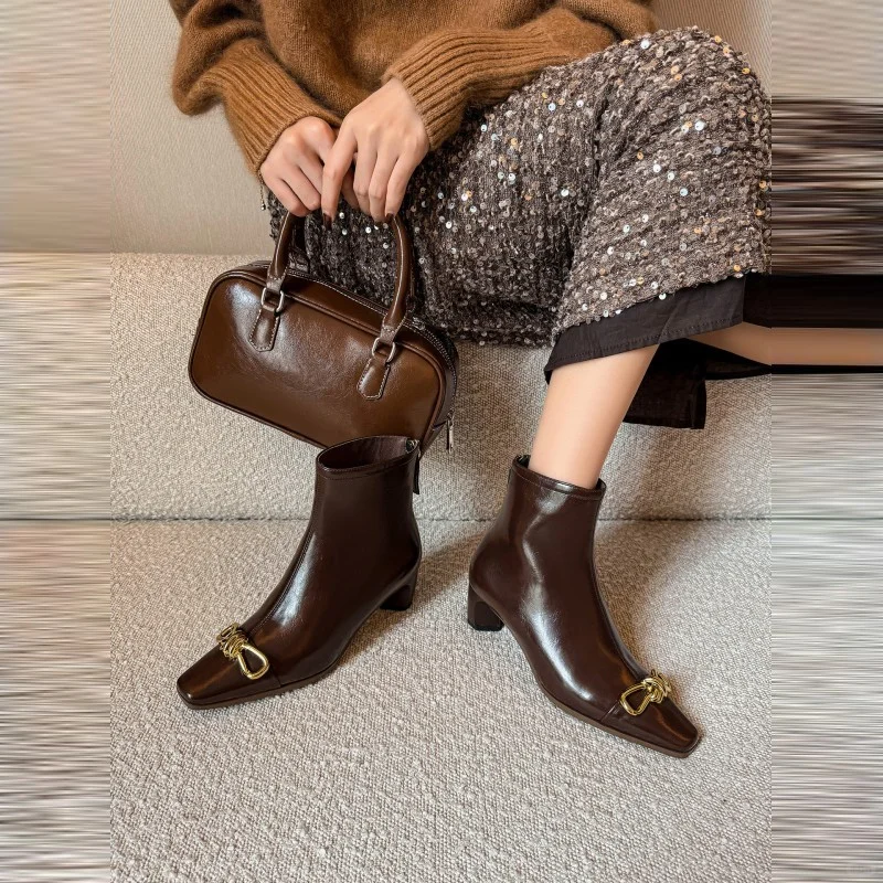 优雅不过时~真皮法式方头蝴蝶结短靴