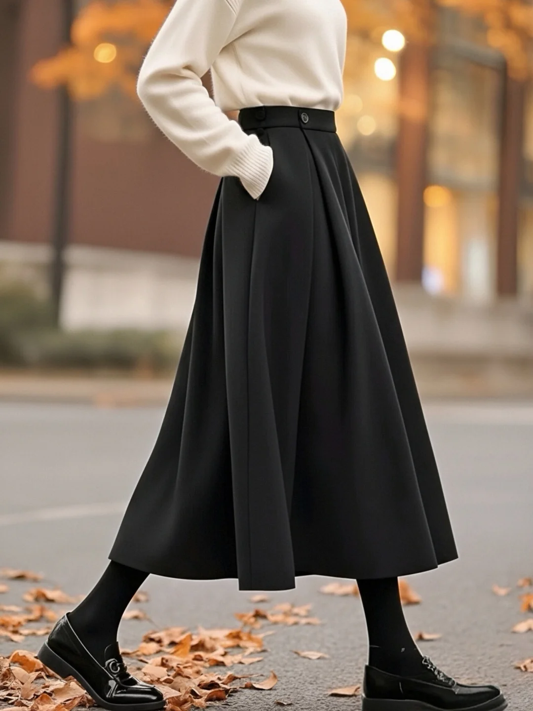 好喜欢这条黑色毛呢裙～单穿内搭都好看