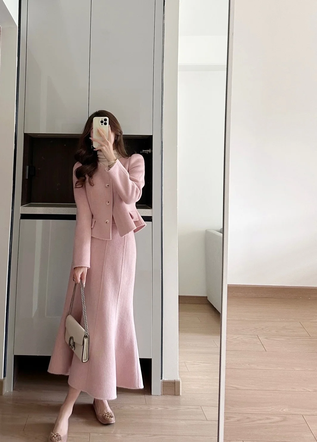 一点点温柔 气质粉色鱼尾裙双面羊毛套装