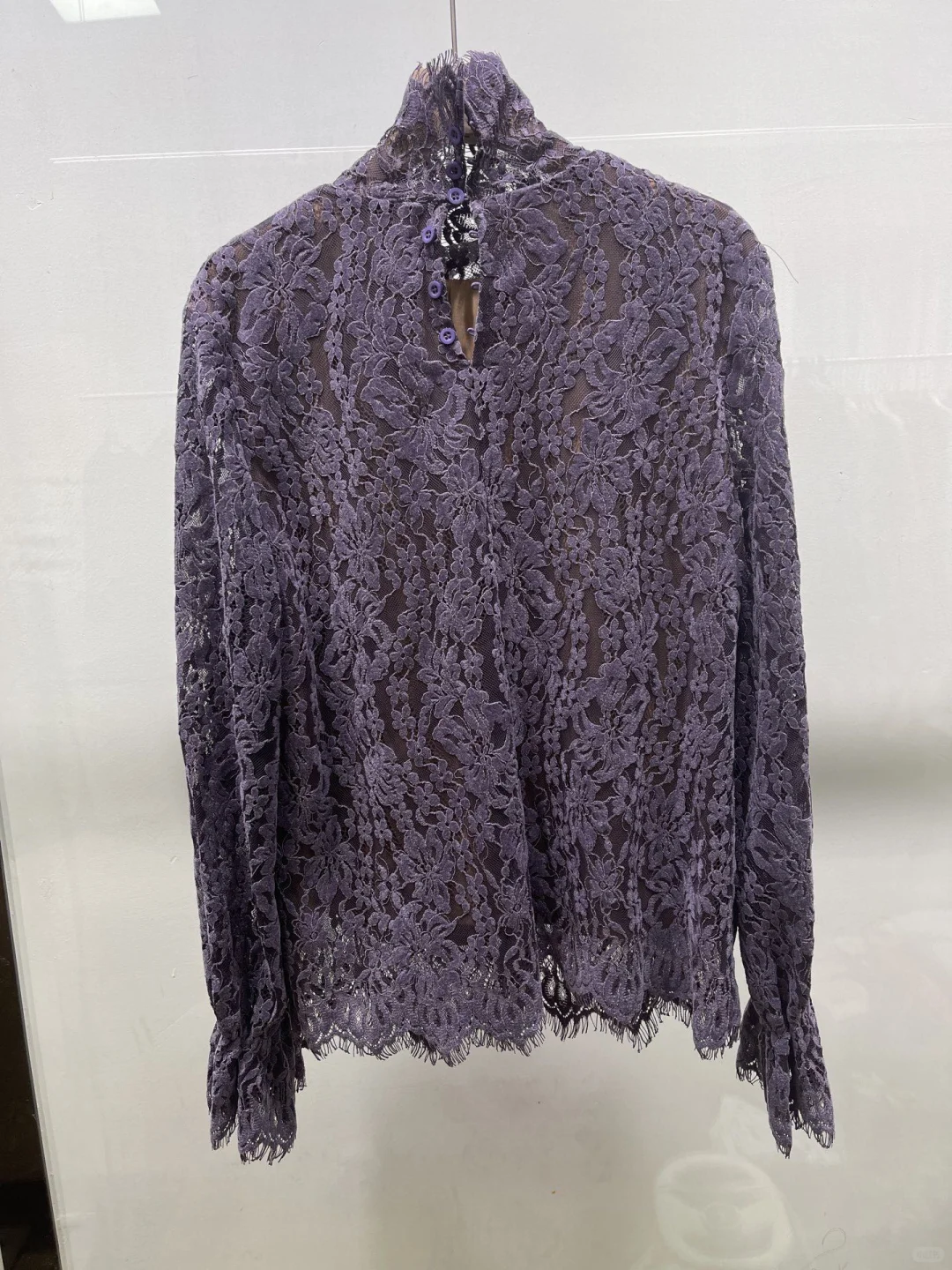 法式紫色温柔风长袖蕾丝衫女镂空钩花透视打
