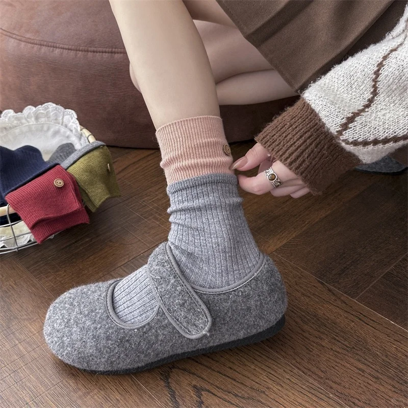 秋冬季拼色加厚羊绒袜子女拼色纽扣堆堆袜羊
