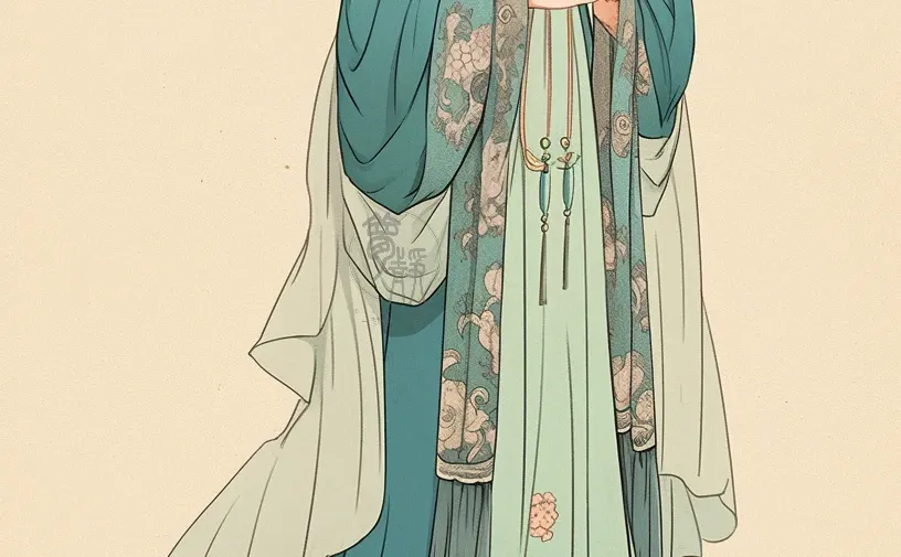 《桃影青辉》暗青色与浅桃红的古风典雅