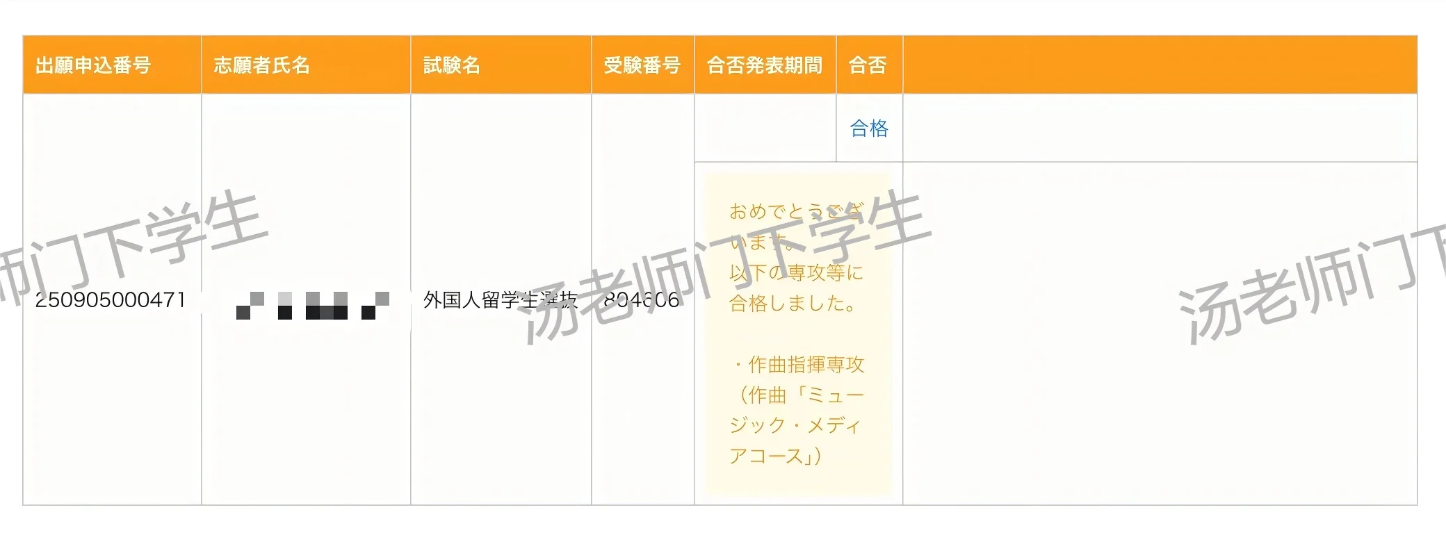 恭喜学生合格东京音乐大学音乐制作专业