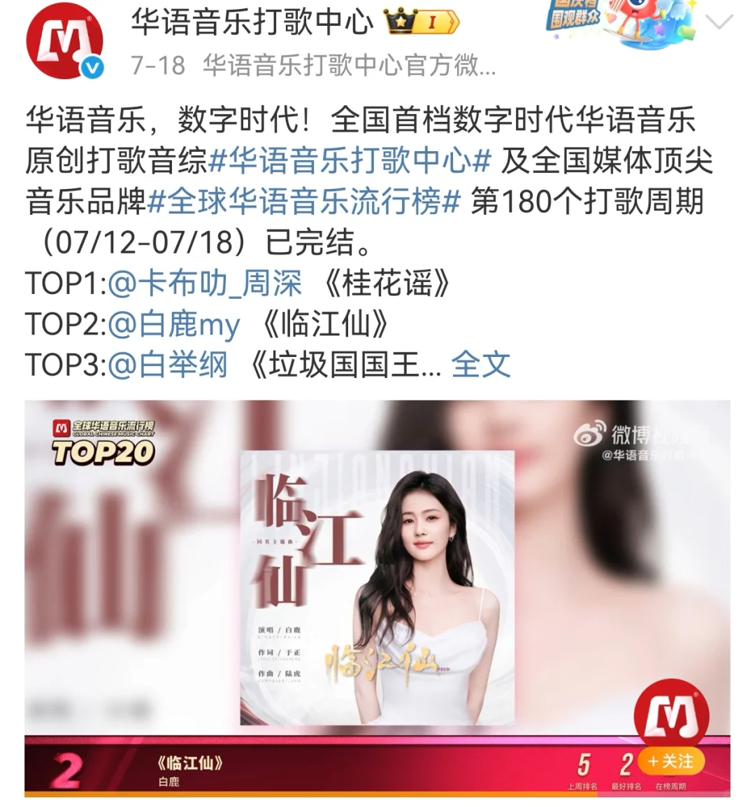 白鹿演唱临江仙获年度最具传播价值OST专辑