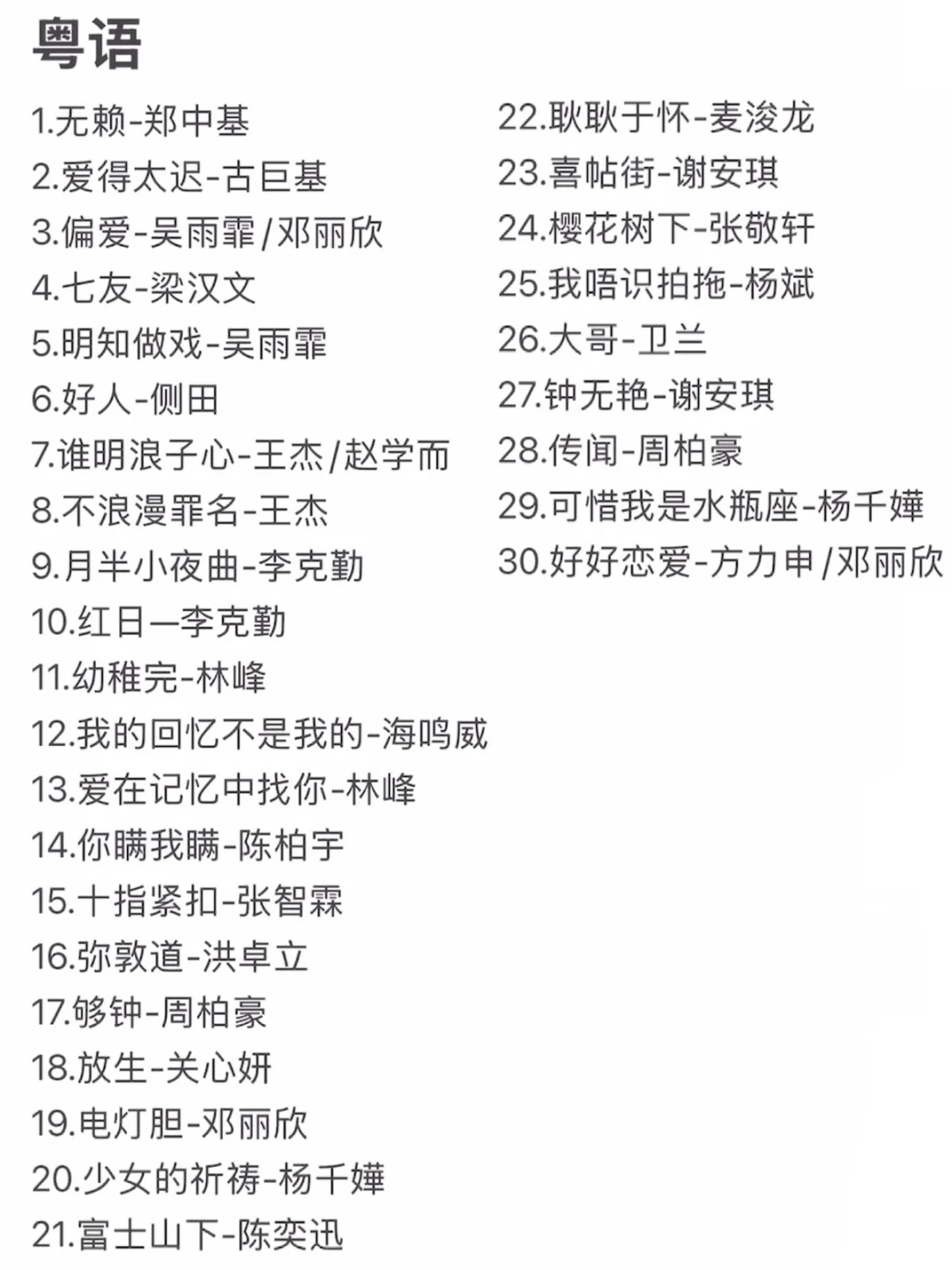 90后KTV粤语必点曲目