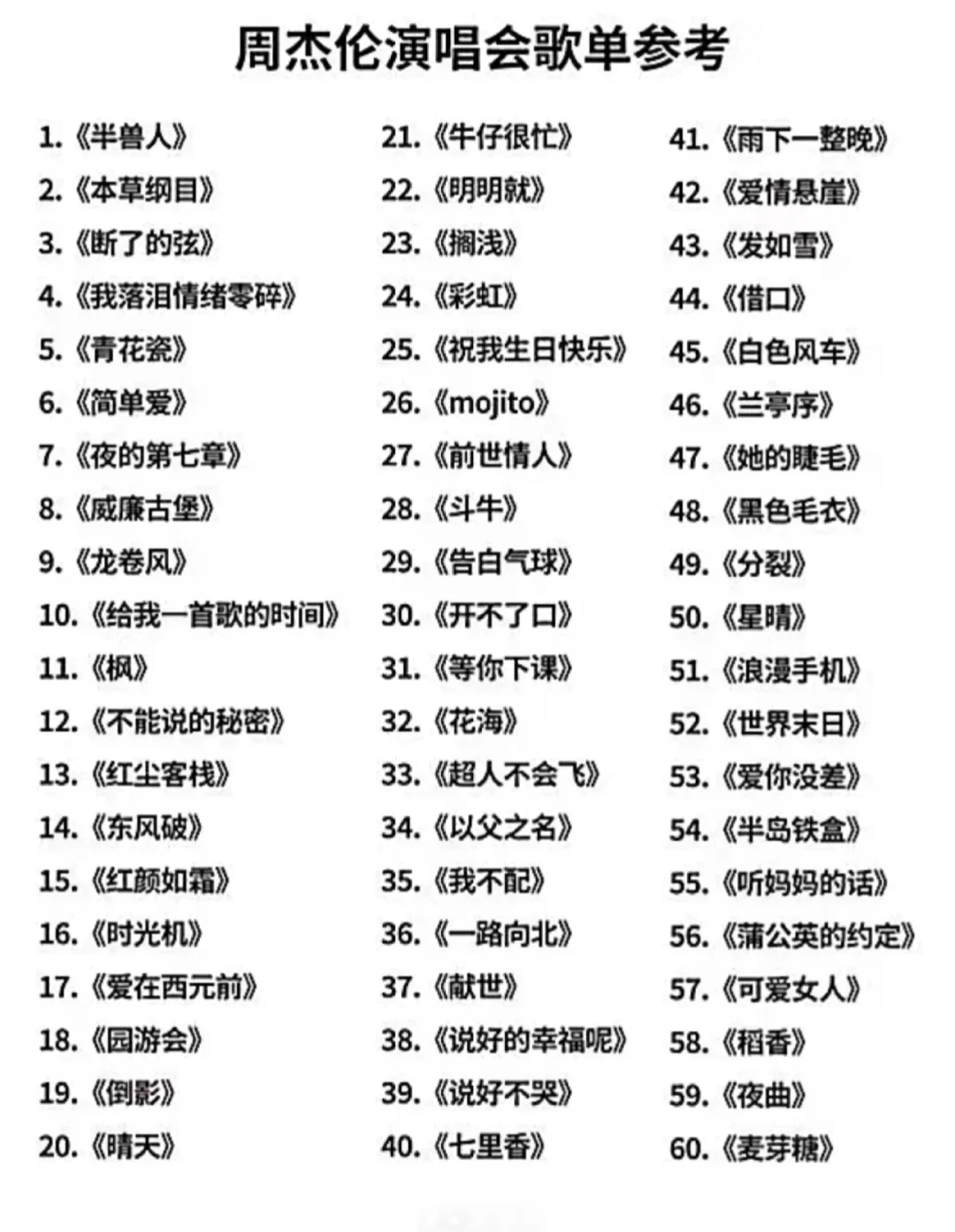 周杰伦演唱会歌单参考