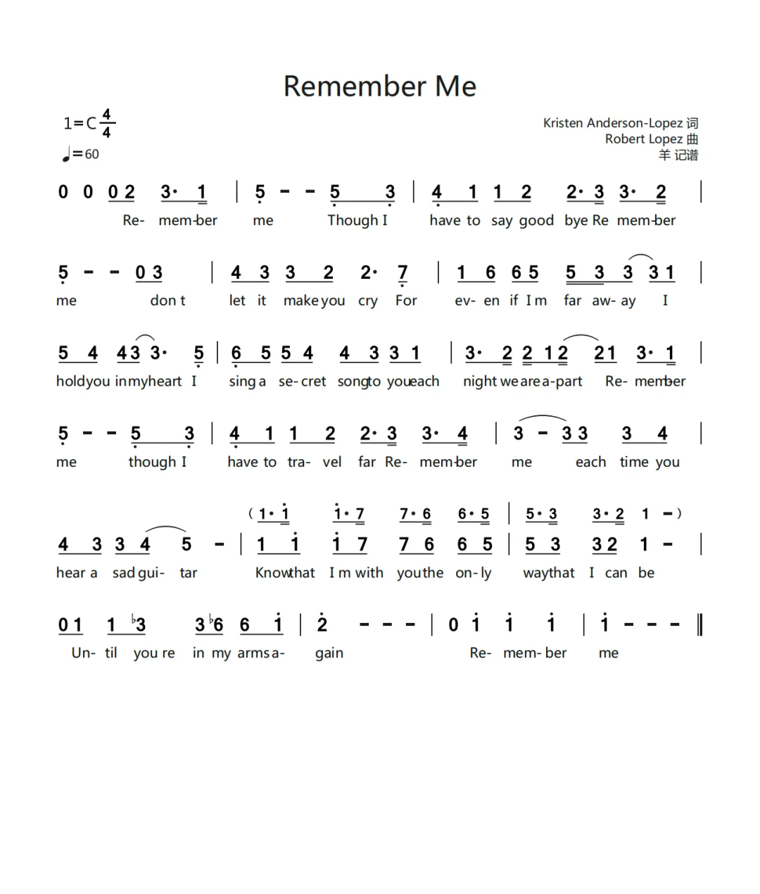 Remember me-简谱