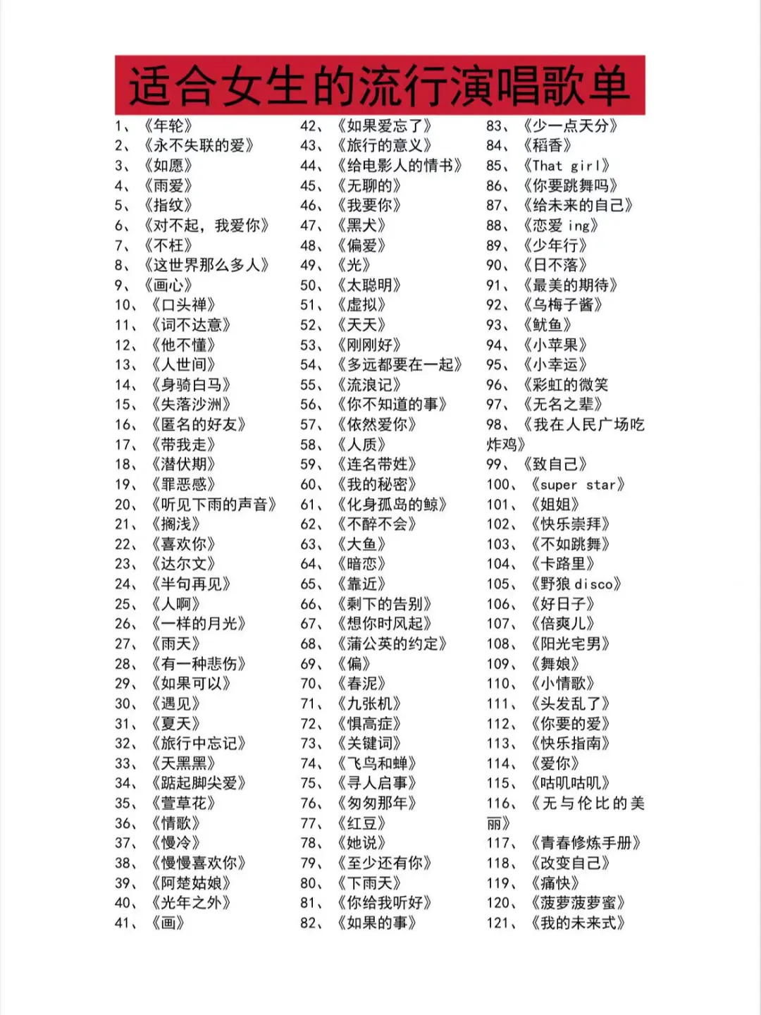 史上最全版本KTV适合女生唱的歌曲