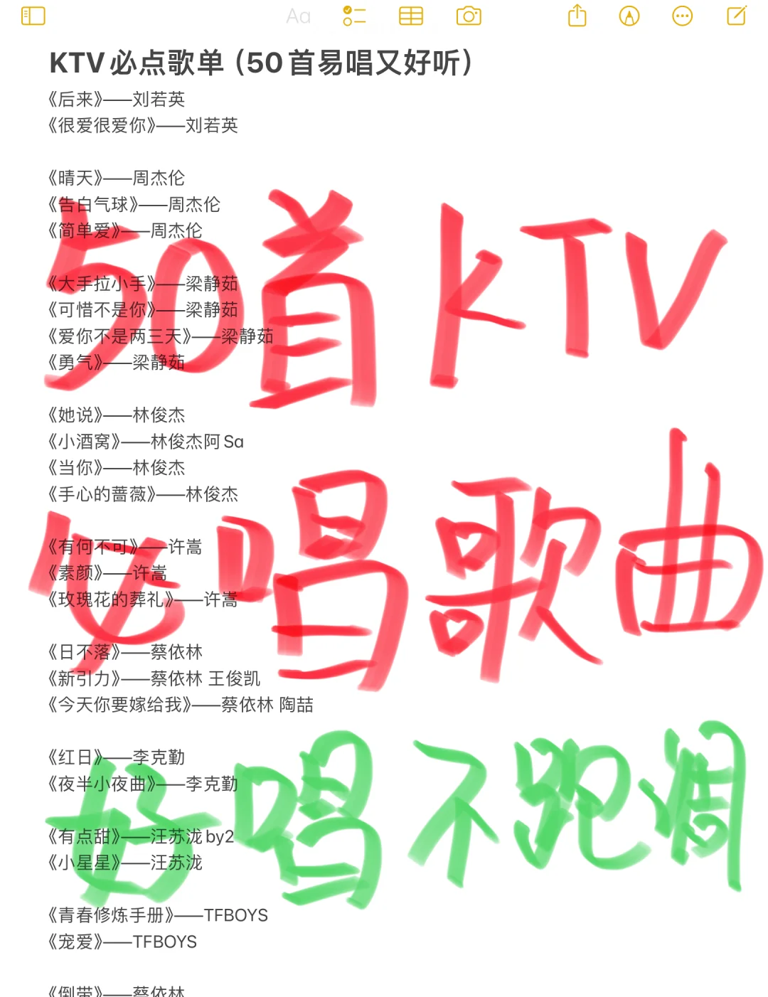 50首！！女生KTV1️⃣定要点的歌单来啦～