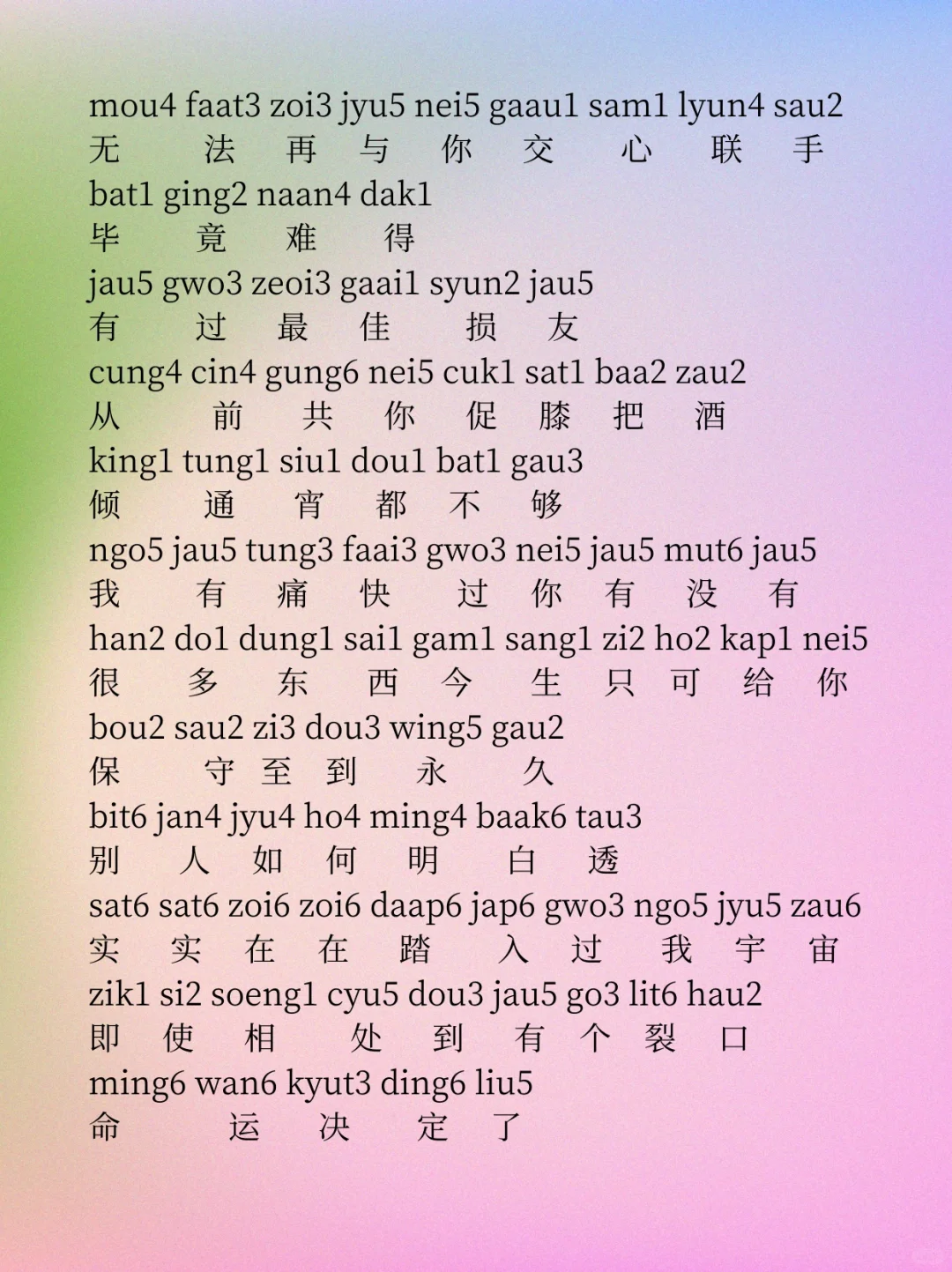 粤拼歌词《最佳损友》陈奕迅