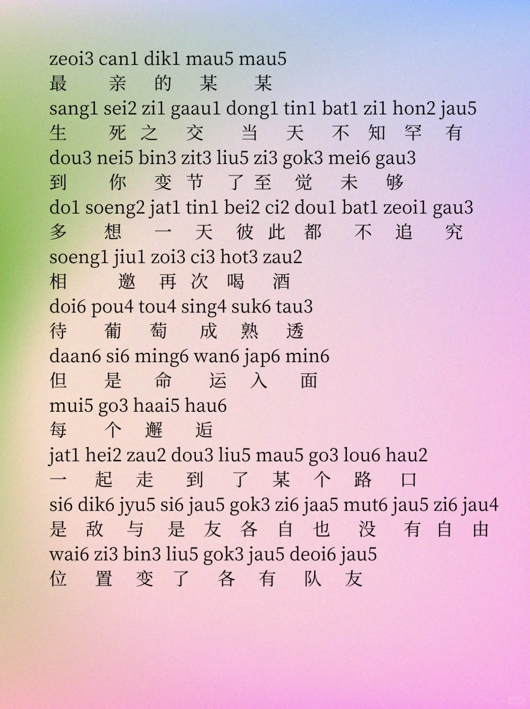 粤拼歌词《最佳损友》陈奕迅