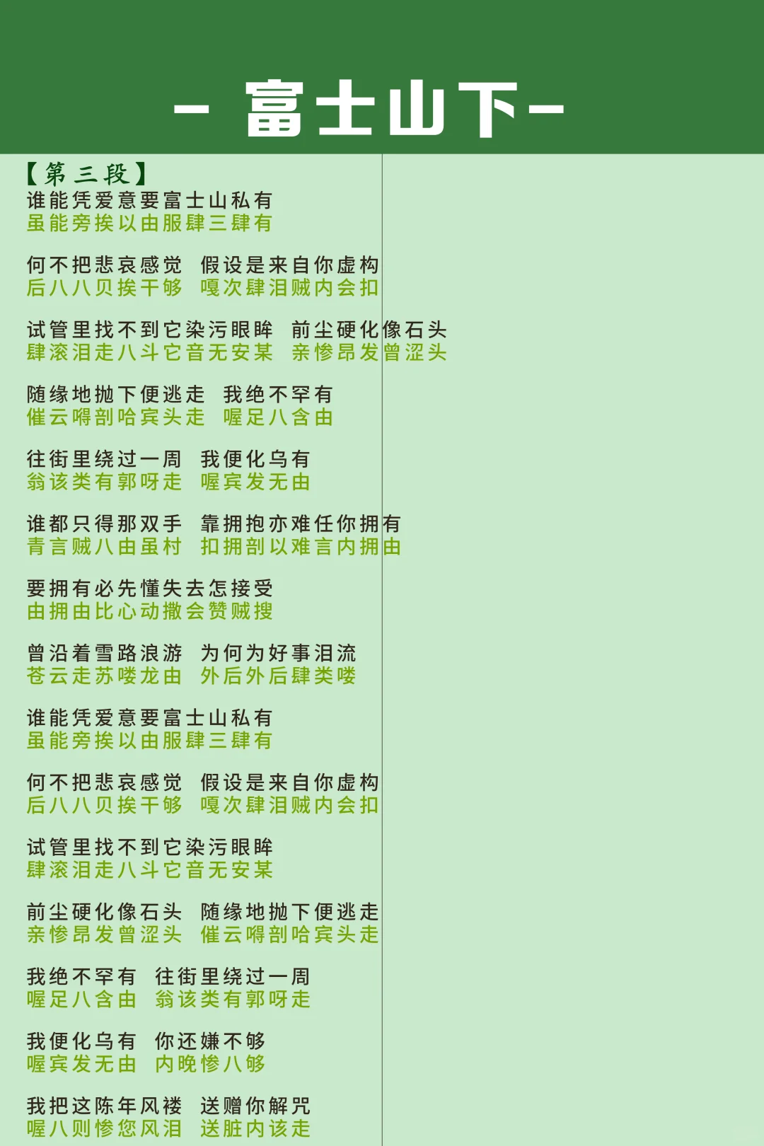 《富士山下》谐音中文版 VS 粤语拼音版