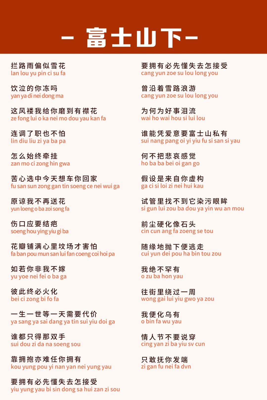 《富士山下》谐音中文版 VS 粤语拼音版