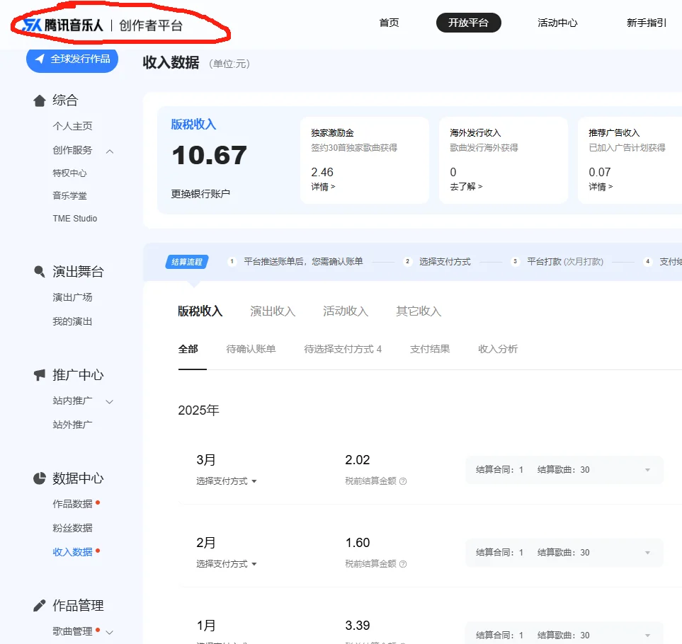 腾讯音乐人3月账单