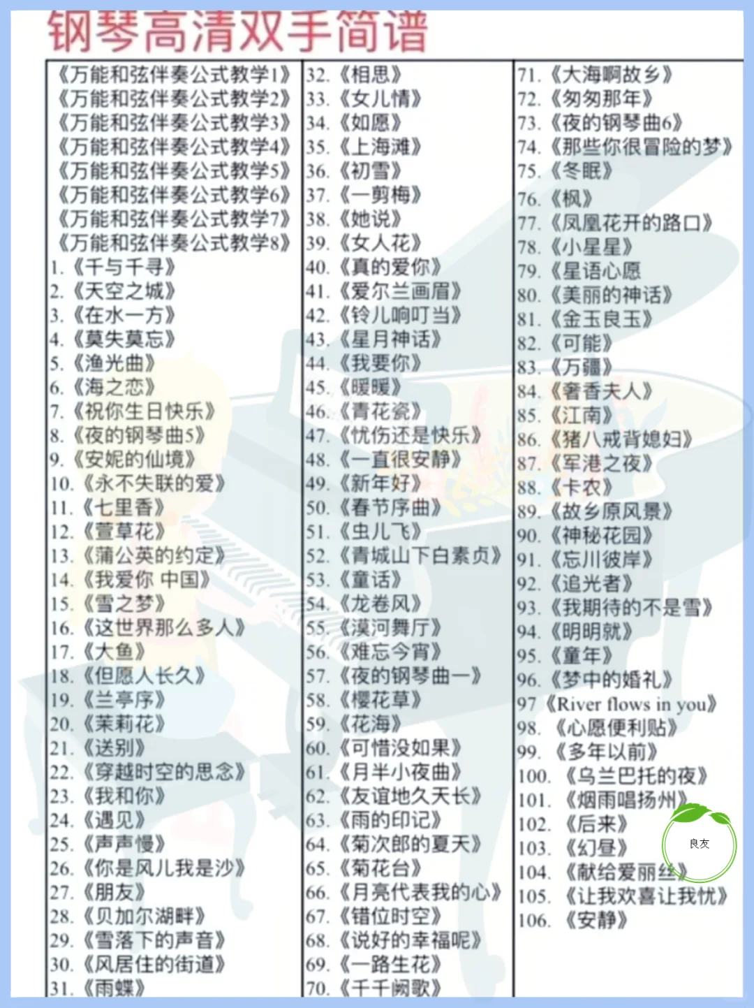 106首流行金曲钢琴双手简谱一键拥有！