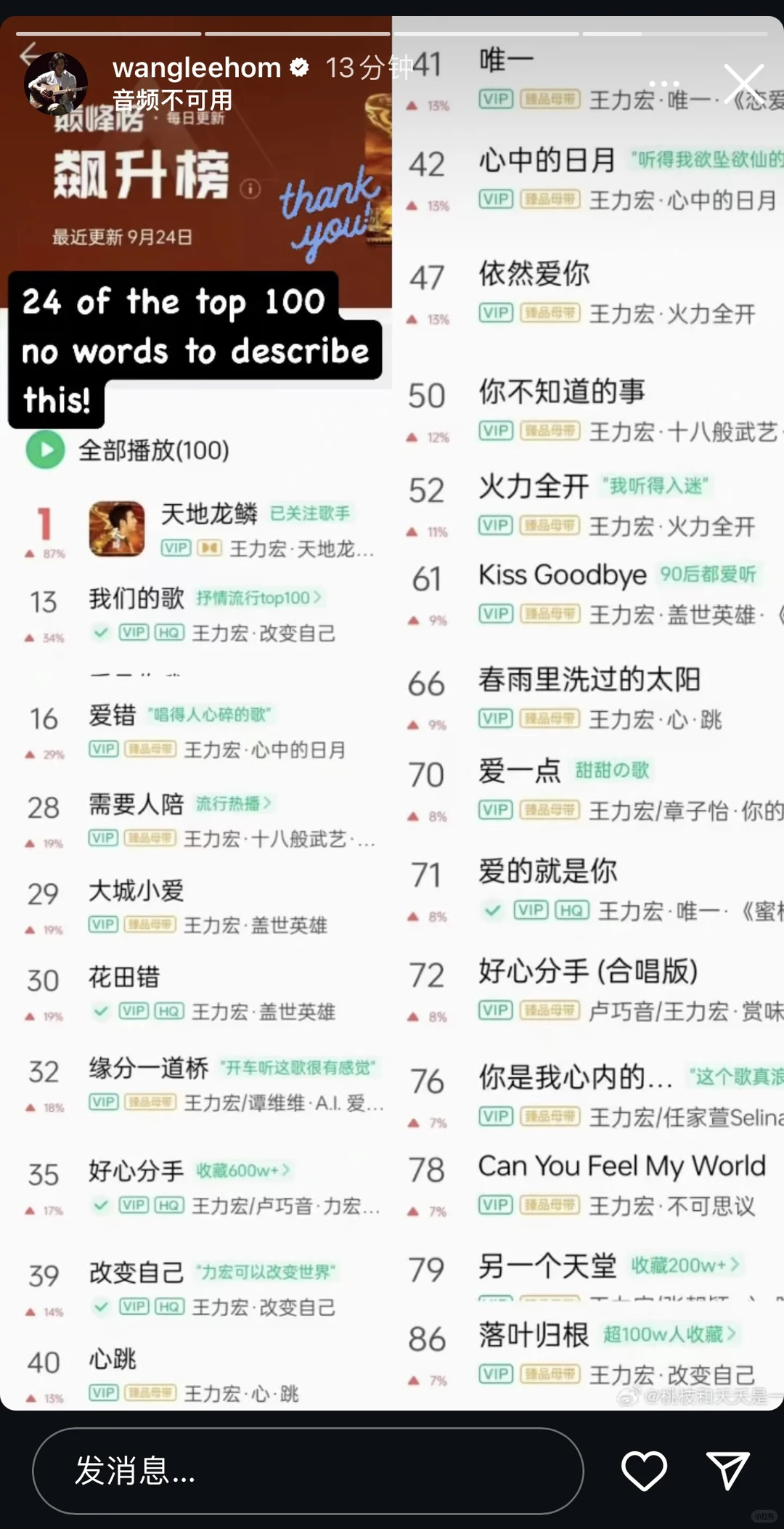 某音飙升榜前100有24首王力宏的歌!