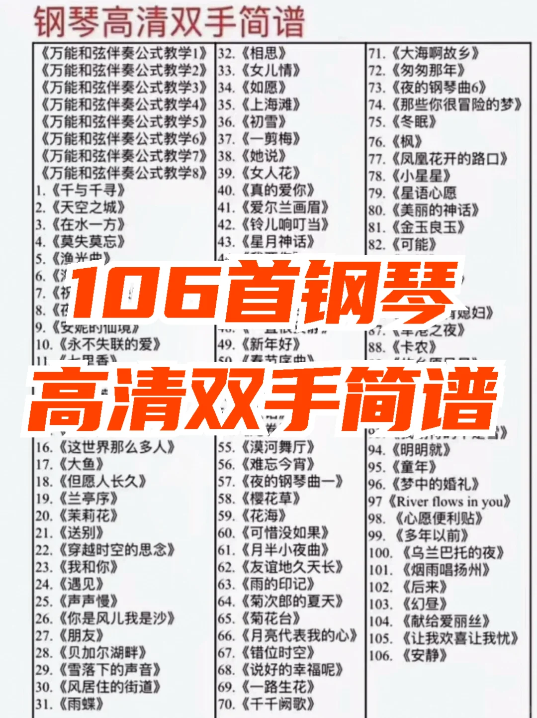 106首流行金曲钢琴双手简谱一键拥有！