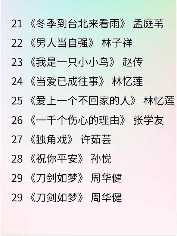 1990-2000华语歌曲TOP30请查收