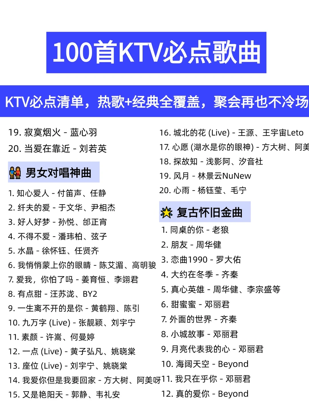 100首KTV必点歌曲！再也不冷场！