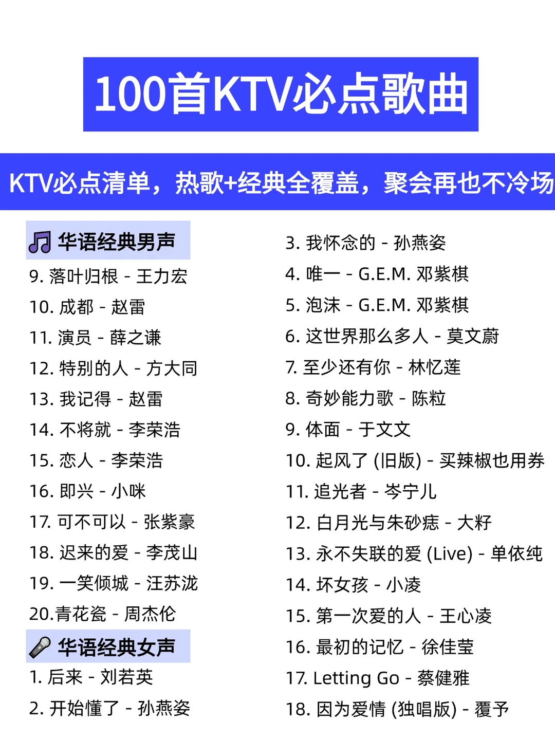 100首KTV必点歌曲！再也不冷场！