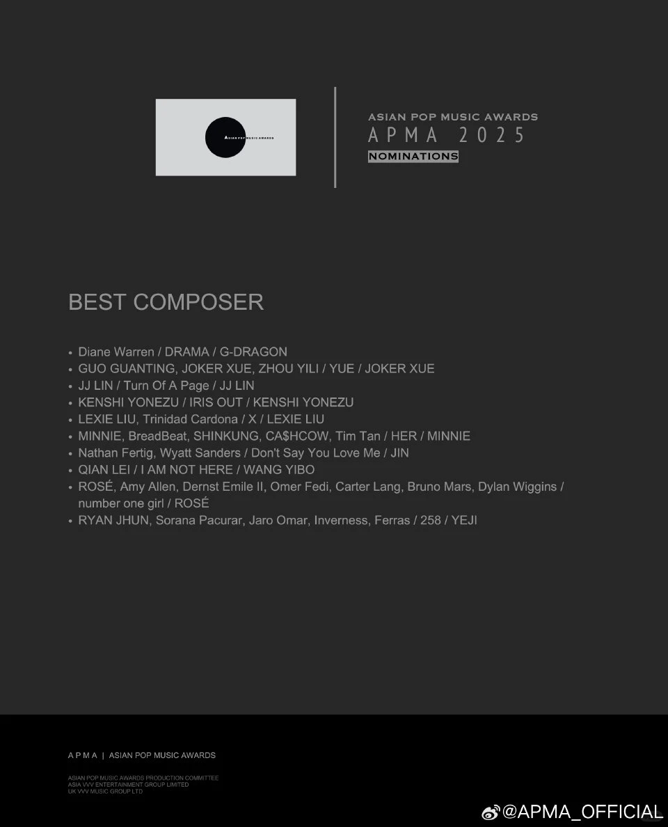 权志龙APMA2025获得八项提名！