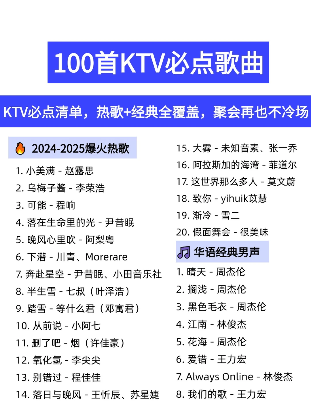 100首KTV必点歌曲！再也不冷场！