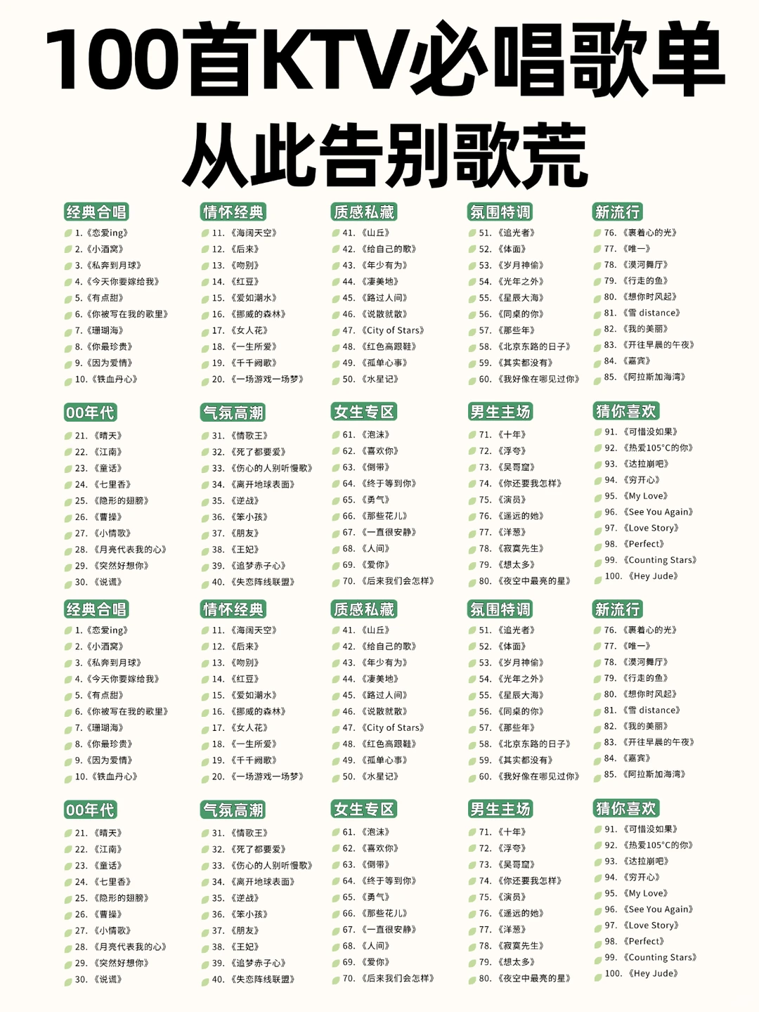 100首KTV必唱歌单 从此告别歌荒