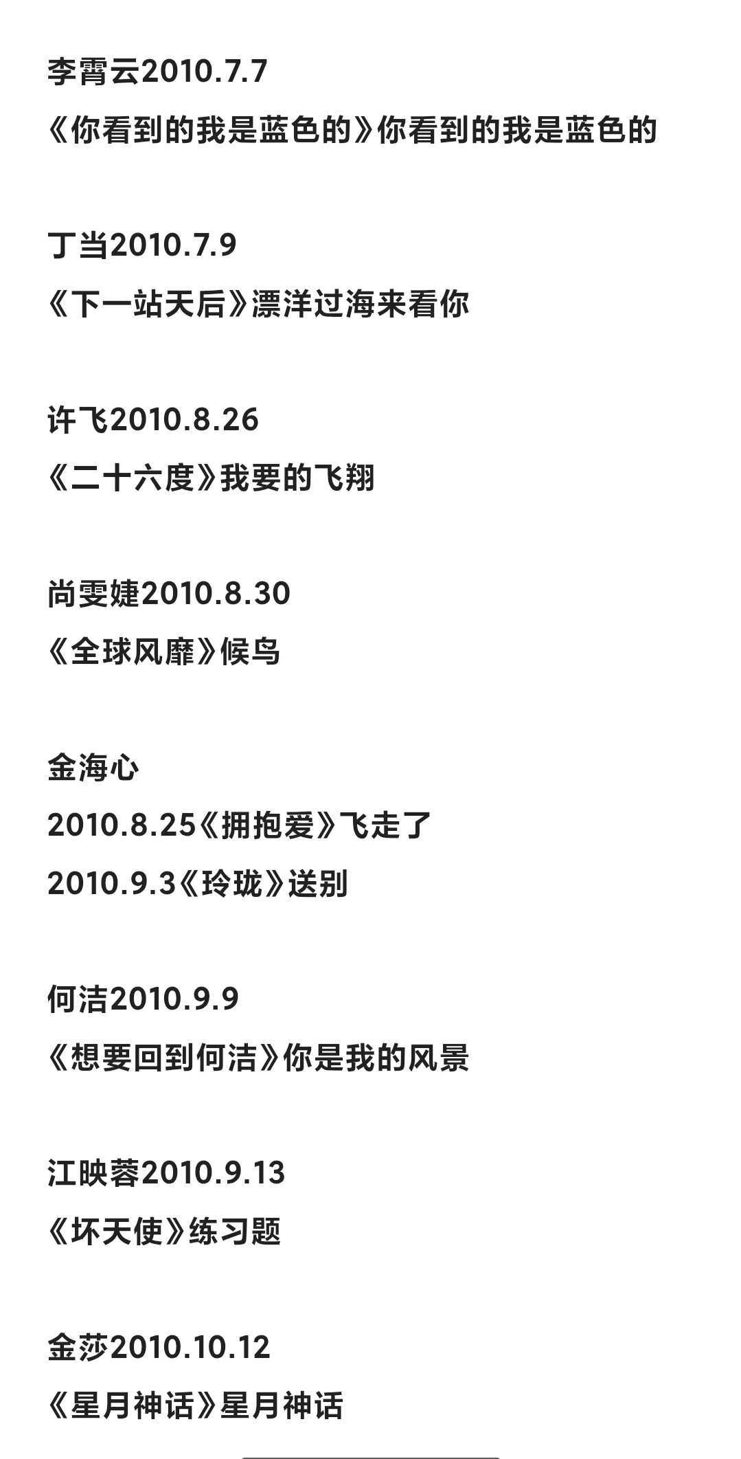 2010年内地女歌手人均大爆曲