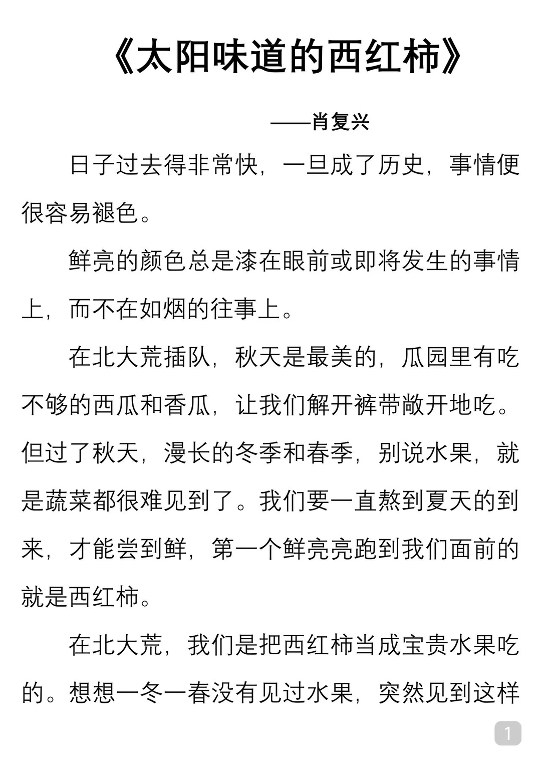 一起读经典｜肖复兴《太阳味道的西红柿》