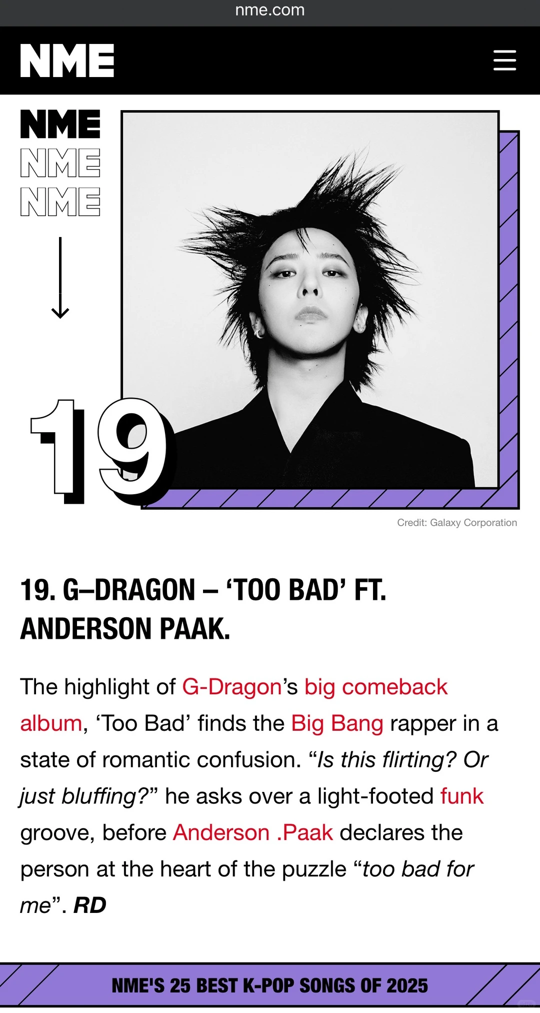 NME年度最佳K-POP歌曲TOP25-权志龙TOO BAD