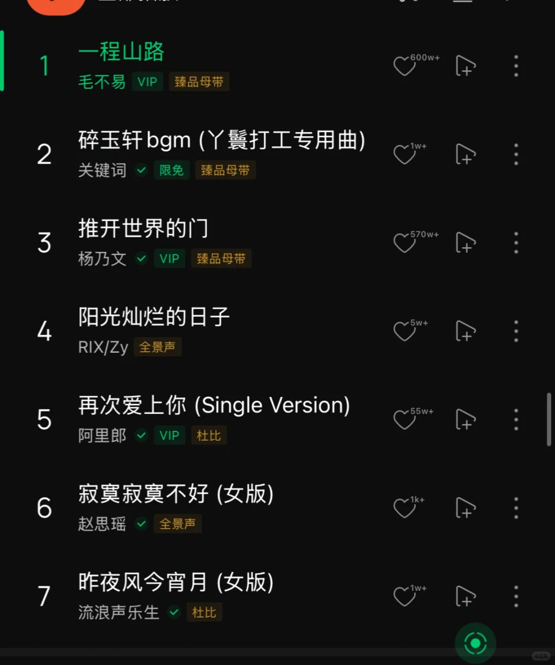 露思直播部分歌单