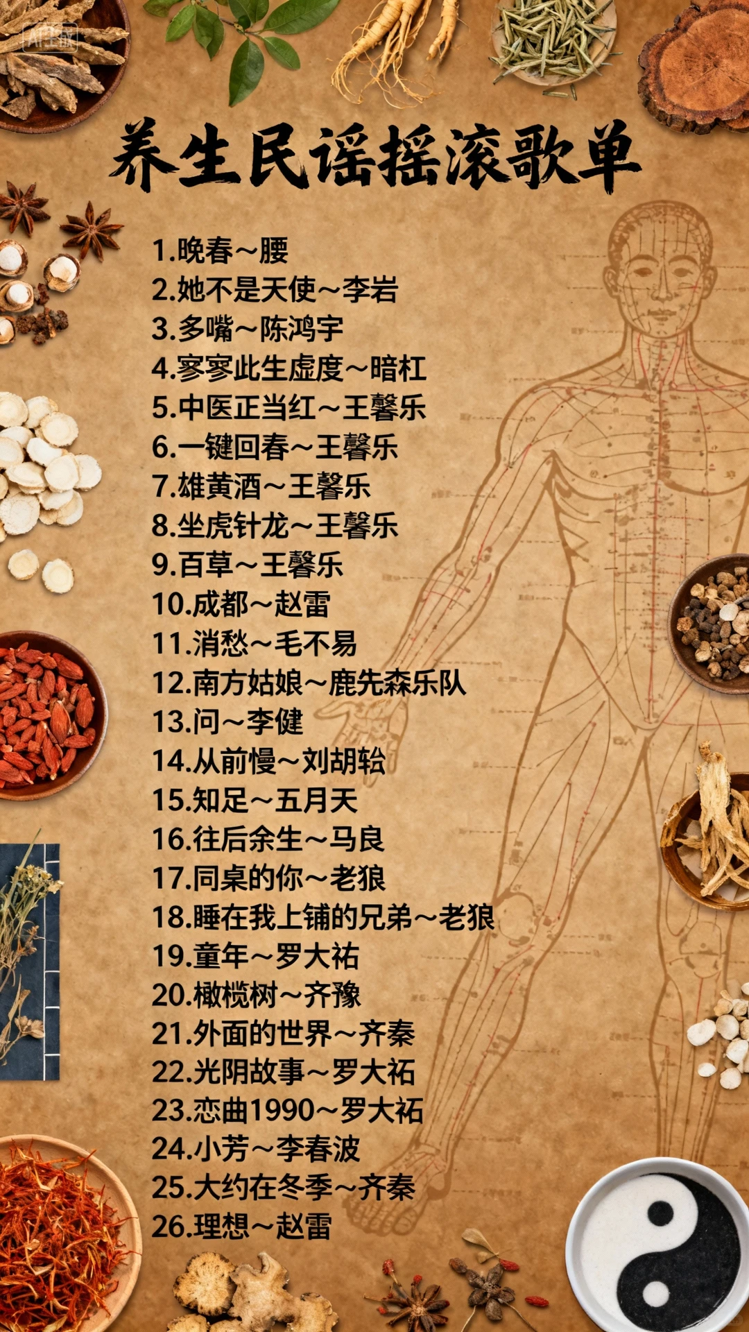 中文养生民谣摇滚古风52首歌单