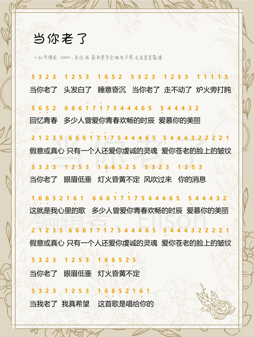 如愿，当你老了，电子琴谱🌟