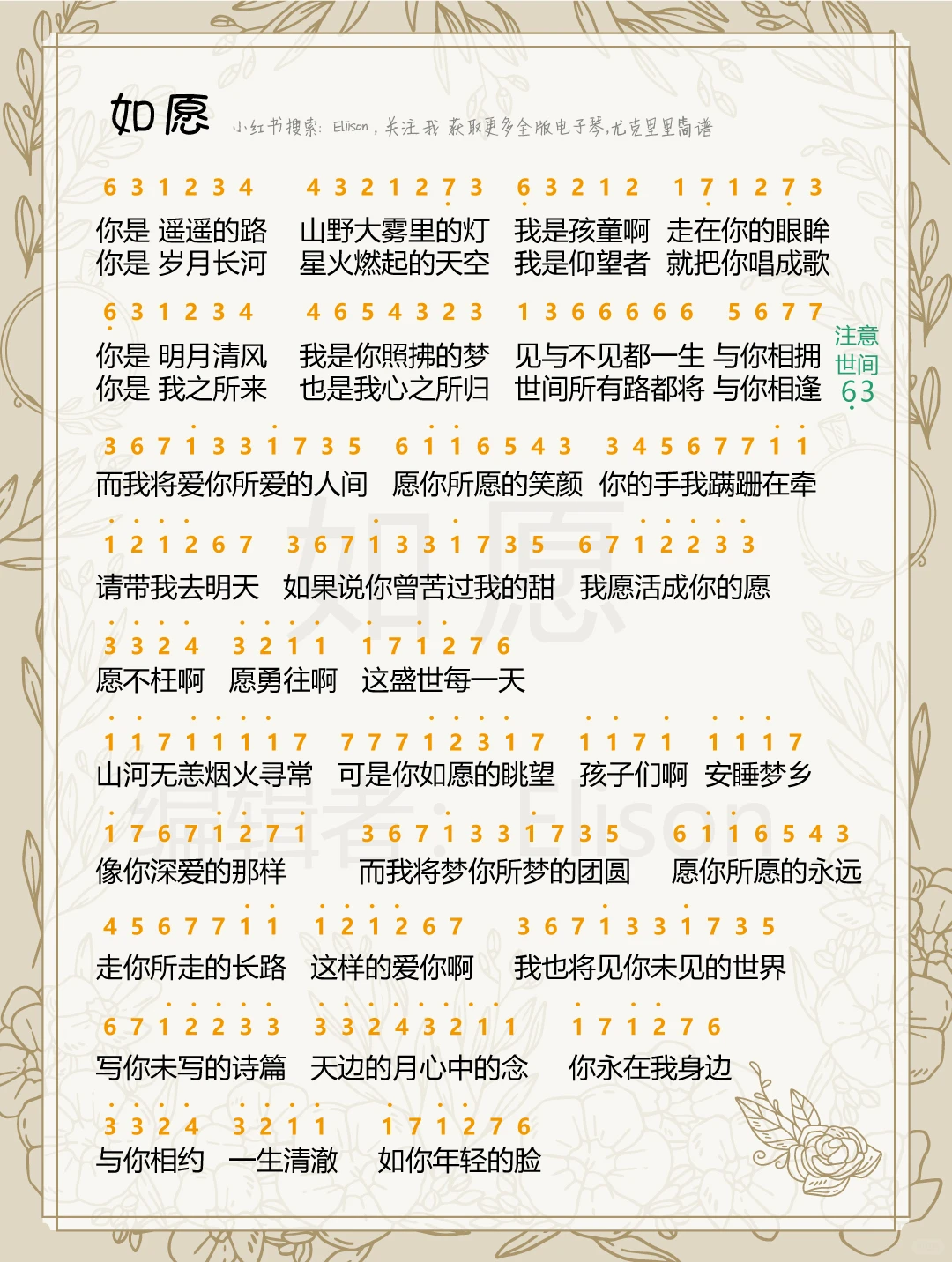 如愿，当你老了，电子琴谱🌟