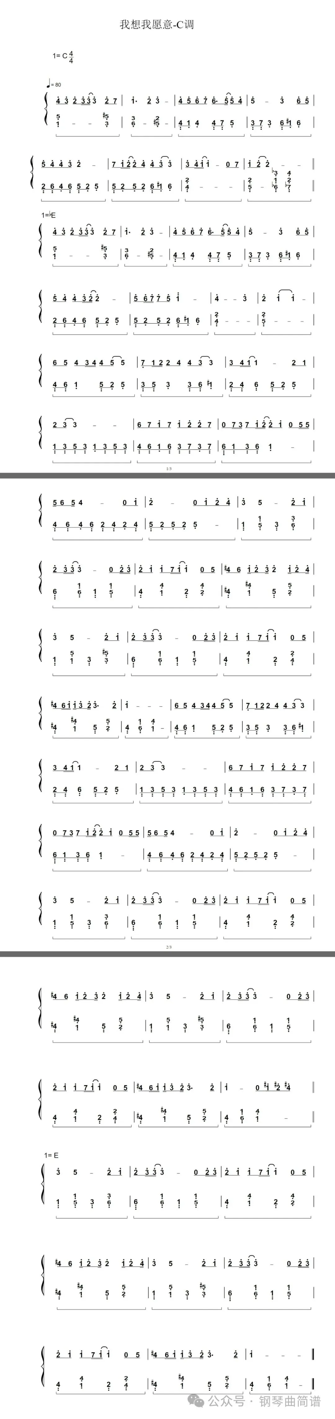 王铮亮、林凡《我想我愿意》歌曲钢琴简谱.