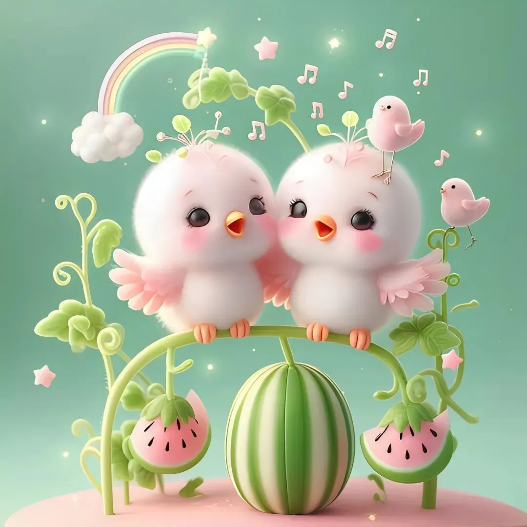 粉萌小鸟唱着歌,西瓜藤上撒糖撒爱心~