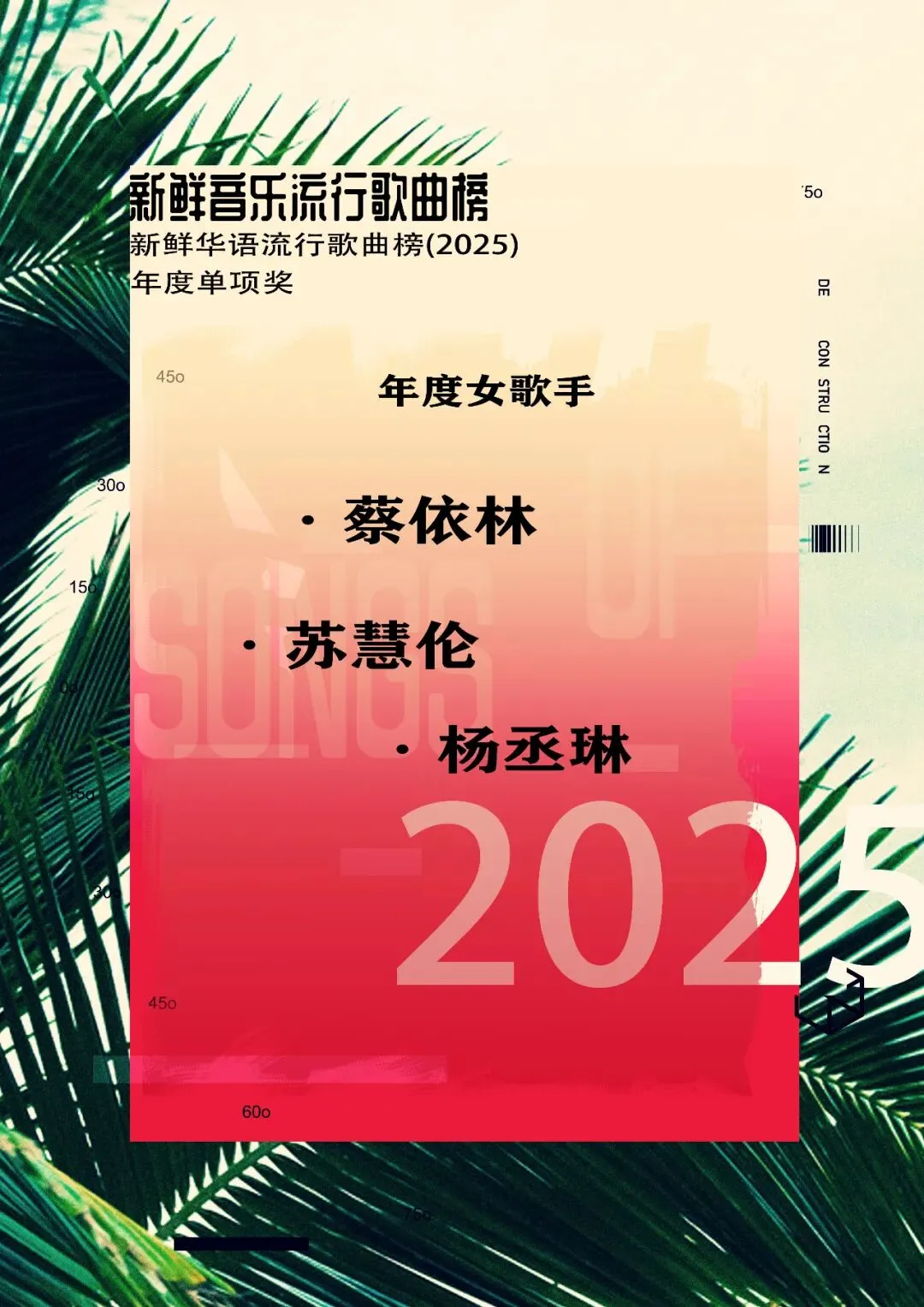 2025新鲜华语流行歌曲榜【年度女歌手】公布:蔡依林、苏慧伦、杨丞琳