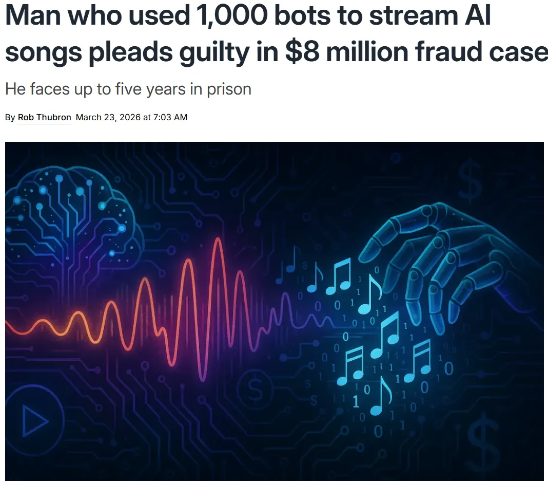 操纵上千个机器人刷AI生成的虚假歌曲获利,美国男子被控欺诈800万美元