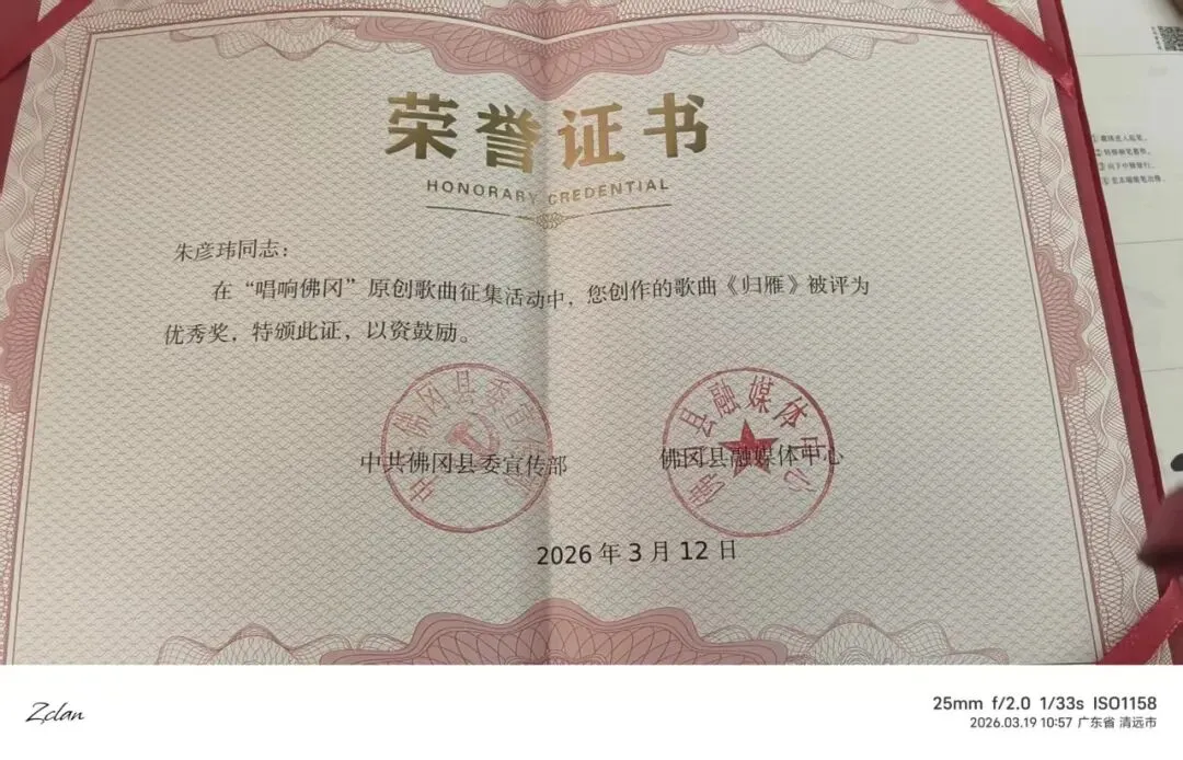 喜报┃原创歌曲《归雁》获“唱响佛冈”征集活动优秀奖