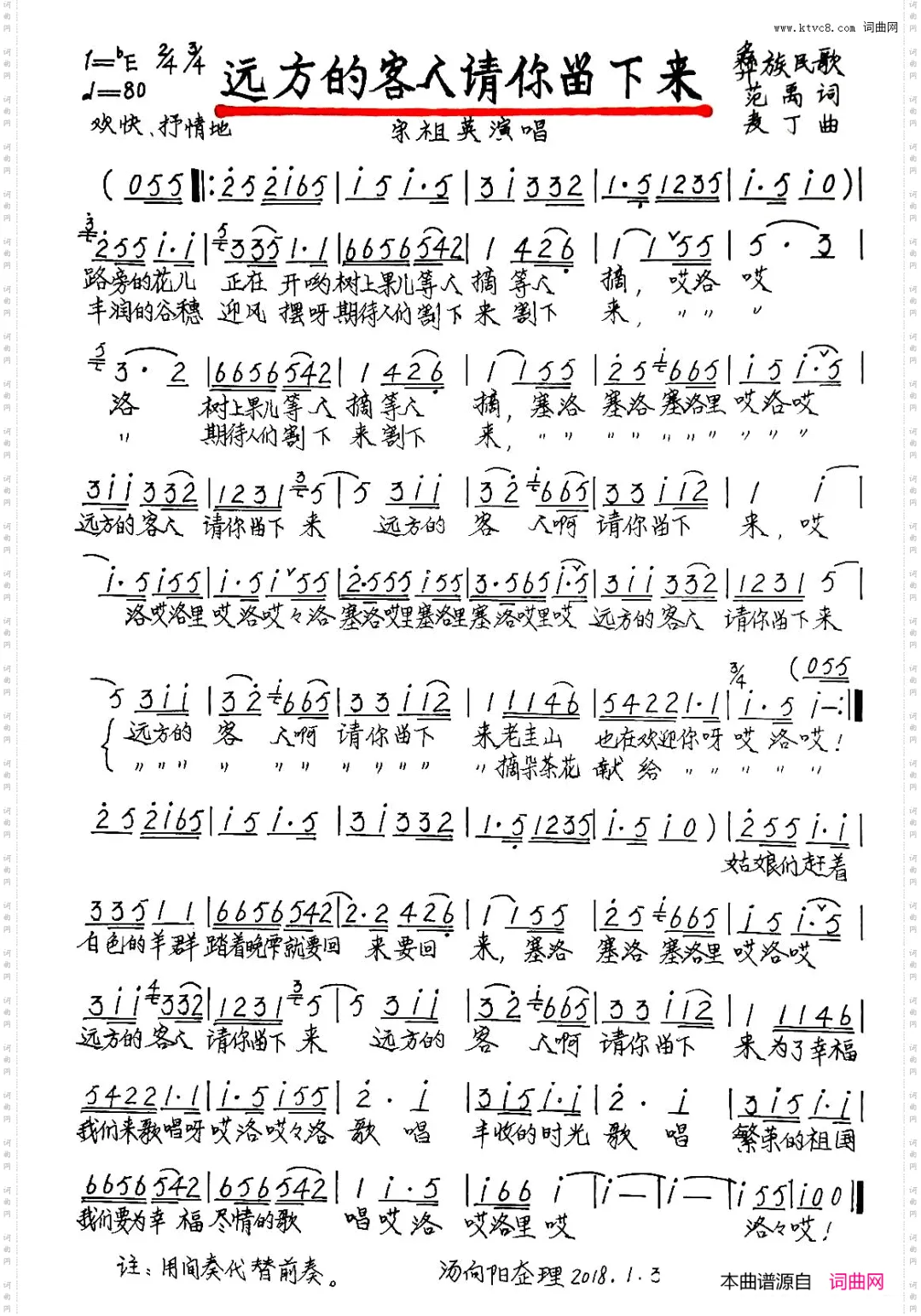 宋祖英演唱歌曲《远方的客人请你留下来》,附:歌词、简谱