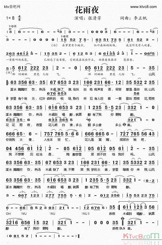 张清芳演唱歌曲《花雨夜》,昨夜梦里 有个地方,红叶森林的牧场,隐约听见 有人吹着,一首歌叫雨夜花~