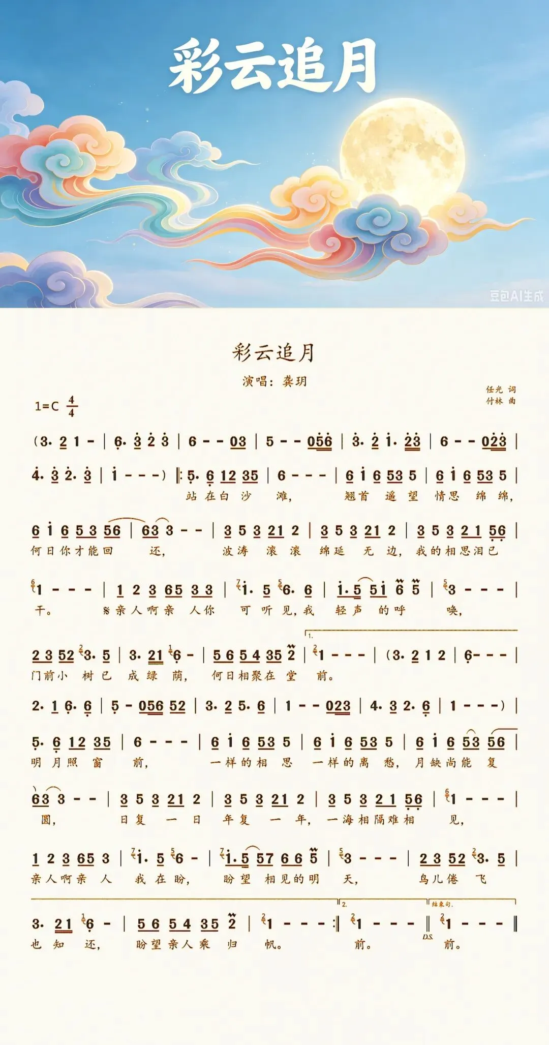 云月千年,一曲相随(附金典老歌《彩云追月》简谱)