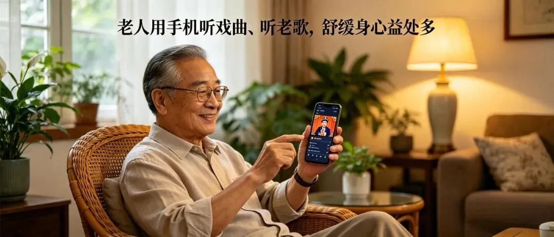 老人用手机听戏曲、听老歌,舒缓身心益处多