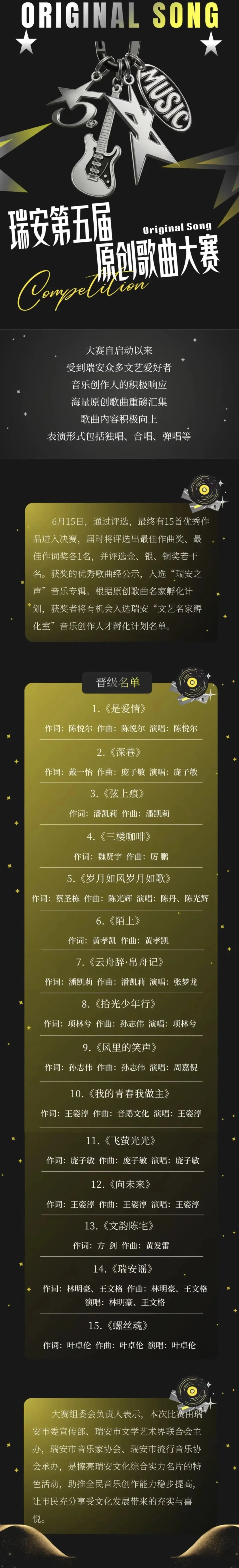 瑞安市第五届原创歌曲大赛评选结果出炉,15首进入决赛瑞安流行乐坛