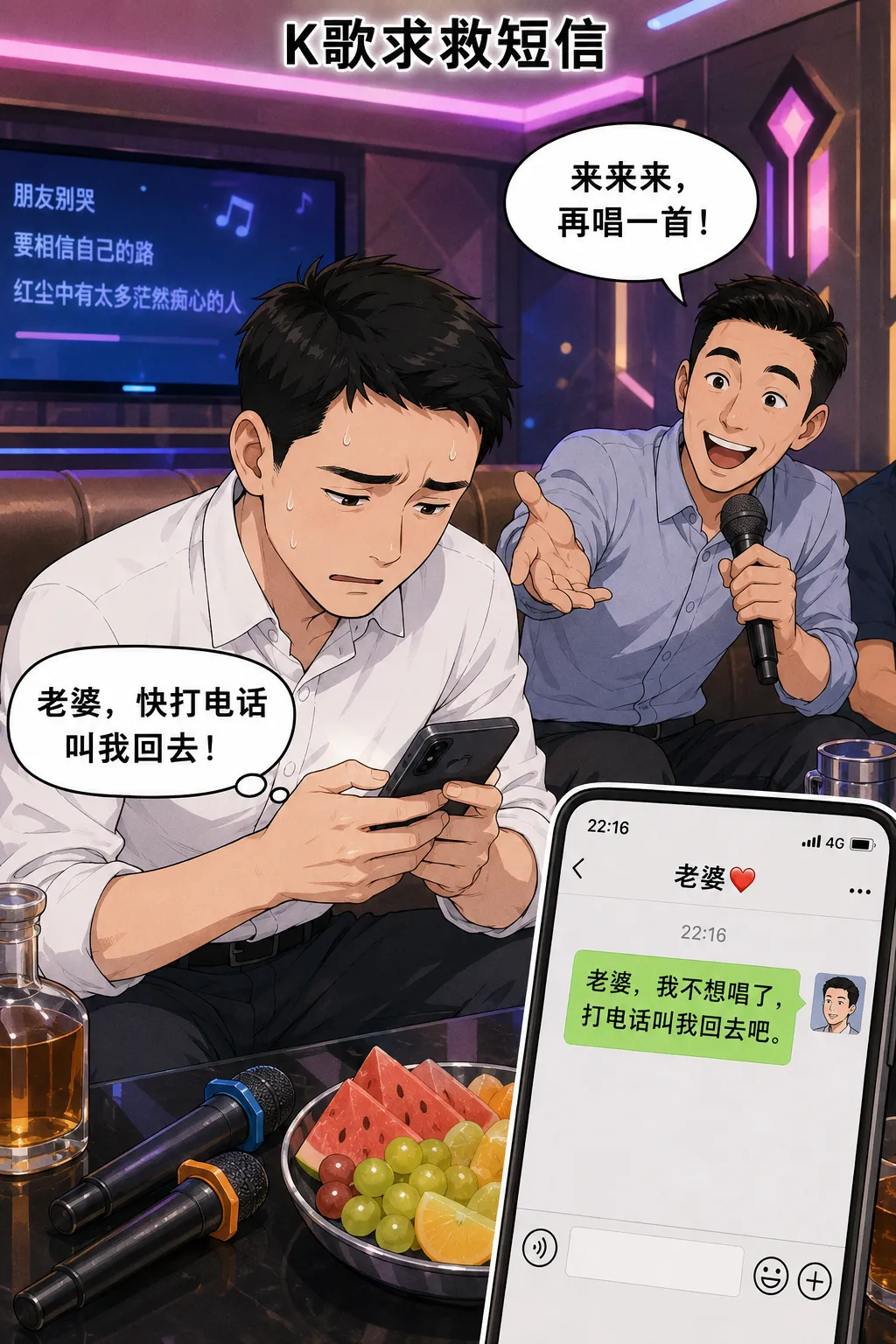 逗你笑:陪客户 K 歌时发信息来:老婆,我不想唱了,打电话叫我回去吧.我:老公,你啥时候回?