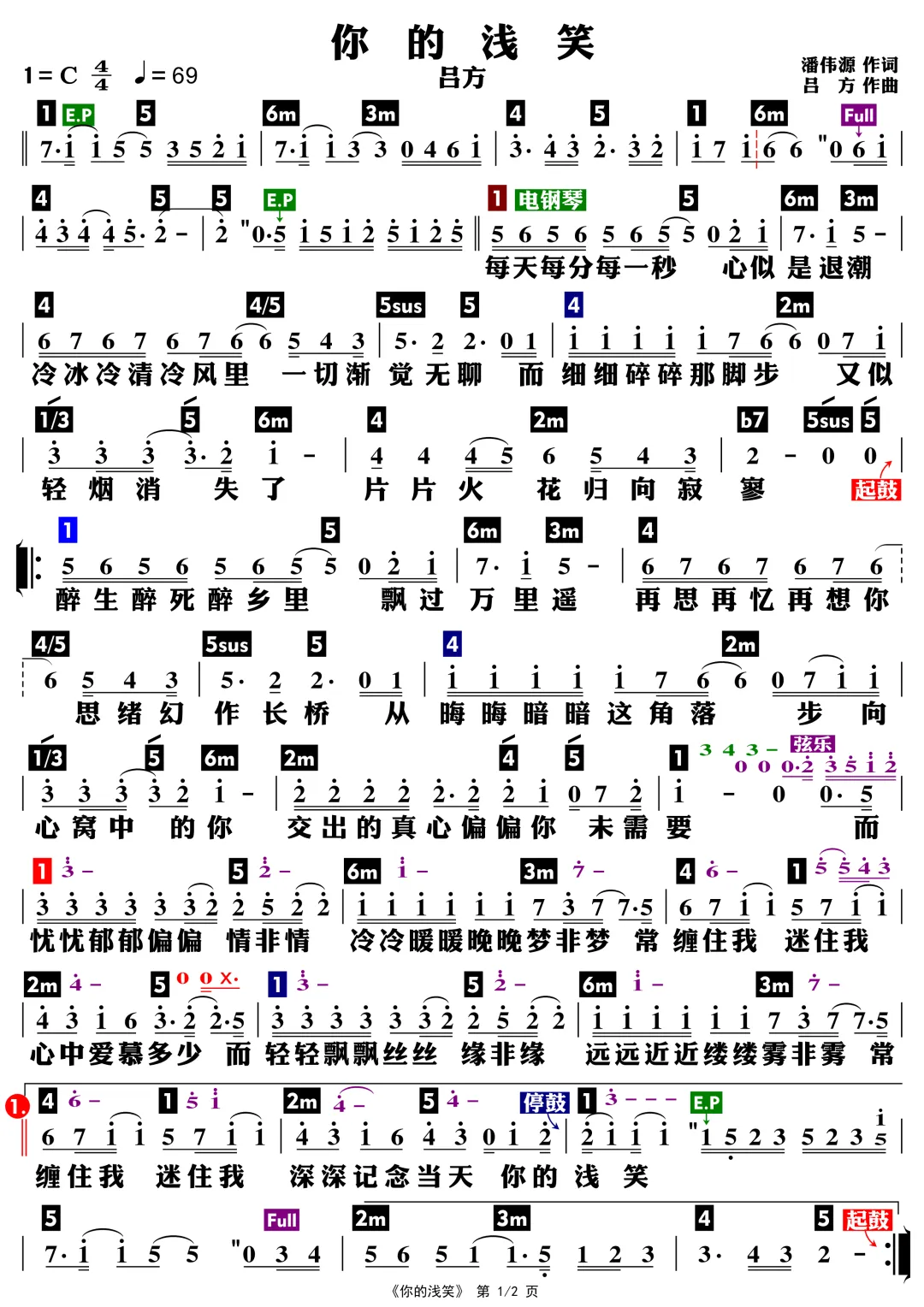 《你的浅笑》简谱来袭,吕方经典歌曲原声弹唱分享