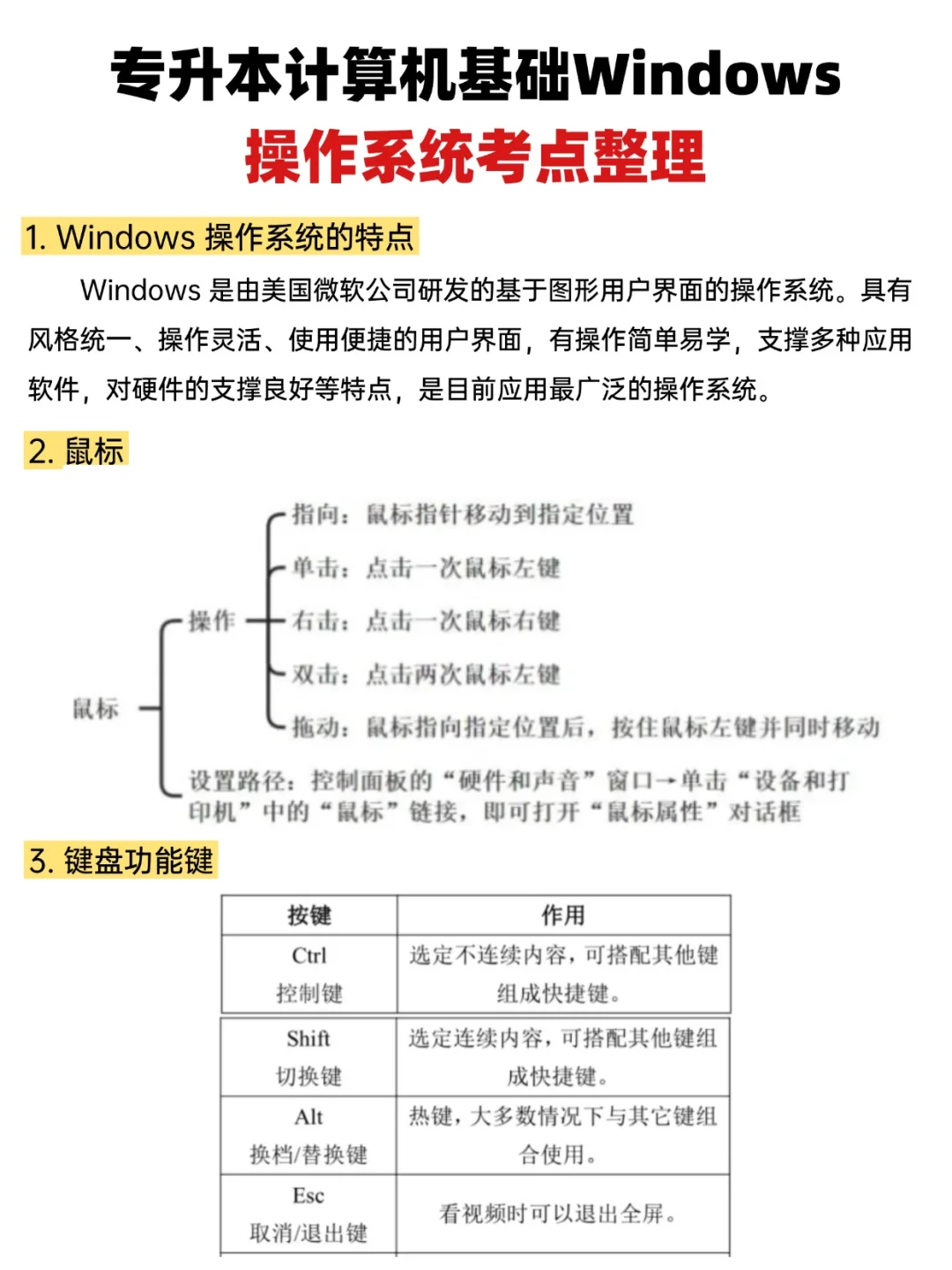 专升本计算机基础Windows操作系统考点整理