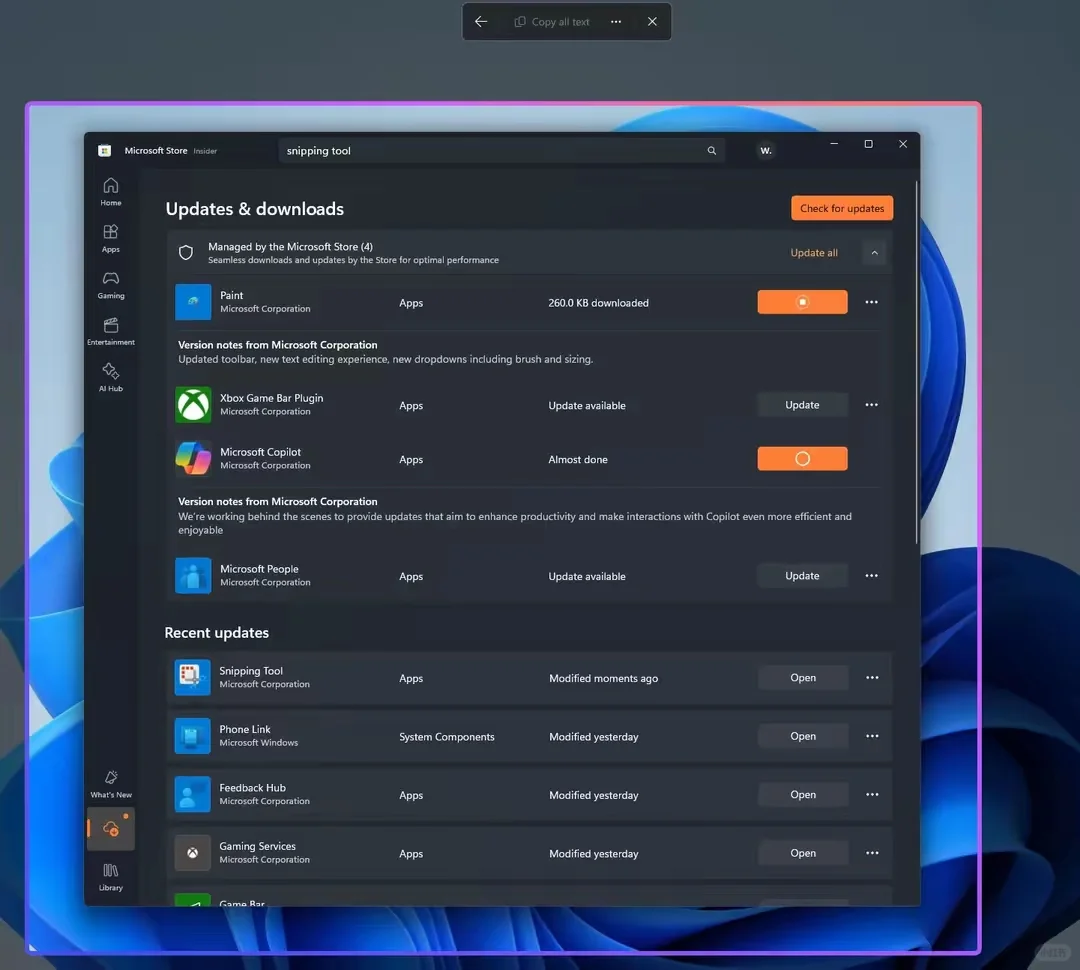 微软Win11新功能上线:无需截图直接薅文字