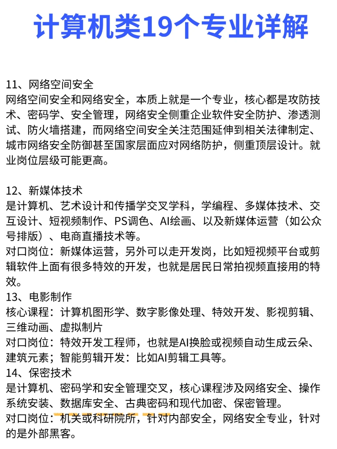 计算机类19个专业课程与就业方向